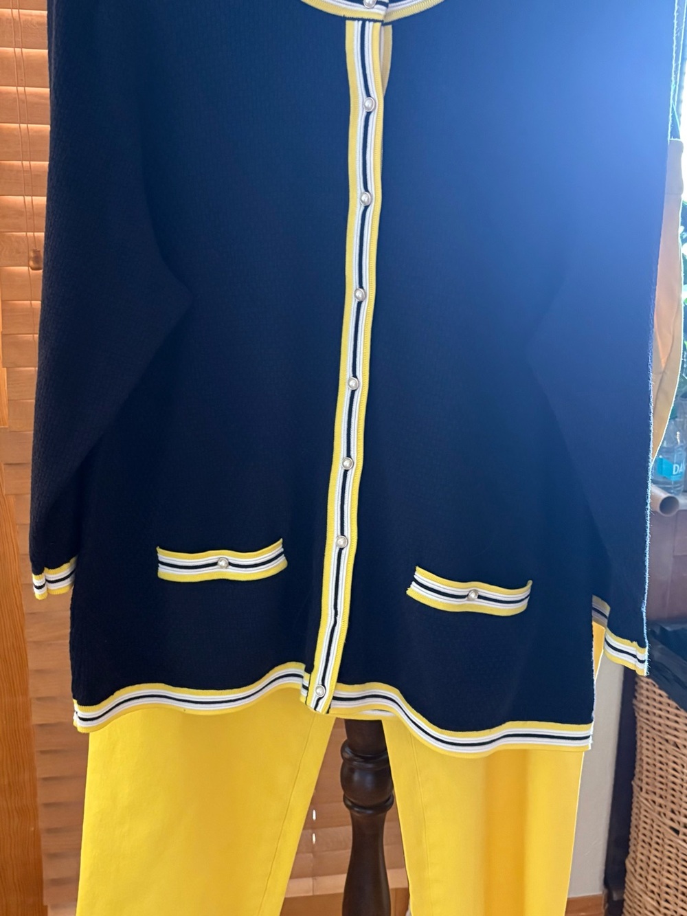 Talbots Navy Cardigan with Yellow Trim (XL) and Matching Yellow Pants (16W)